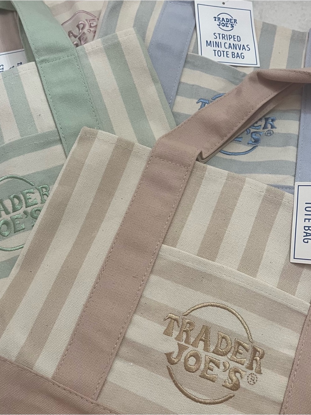 Trader Joe's Striped Mini Canvas Tote Bag - Pastel Green, Blue, Pink, Beige - Picture 2 of 2